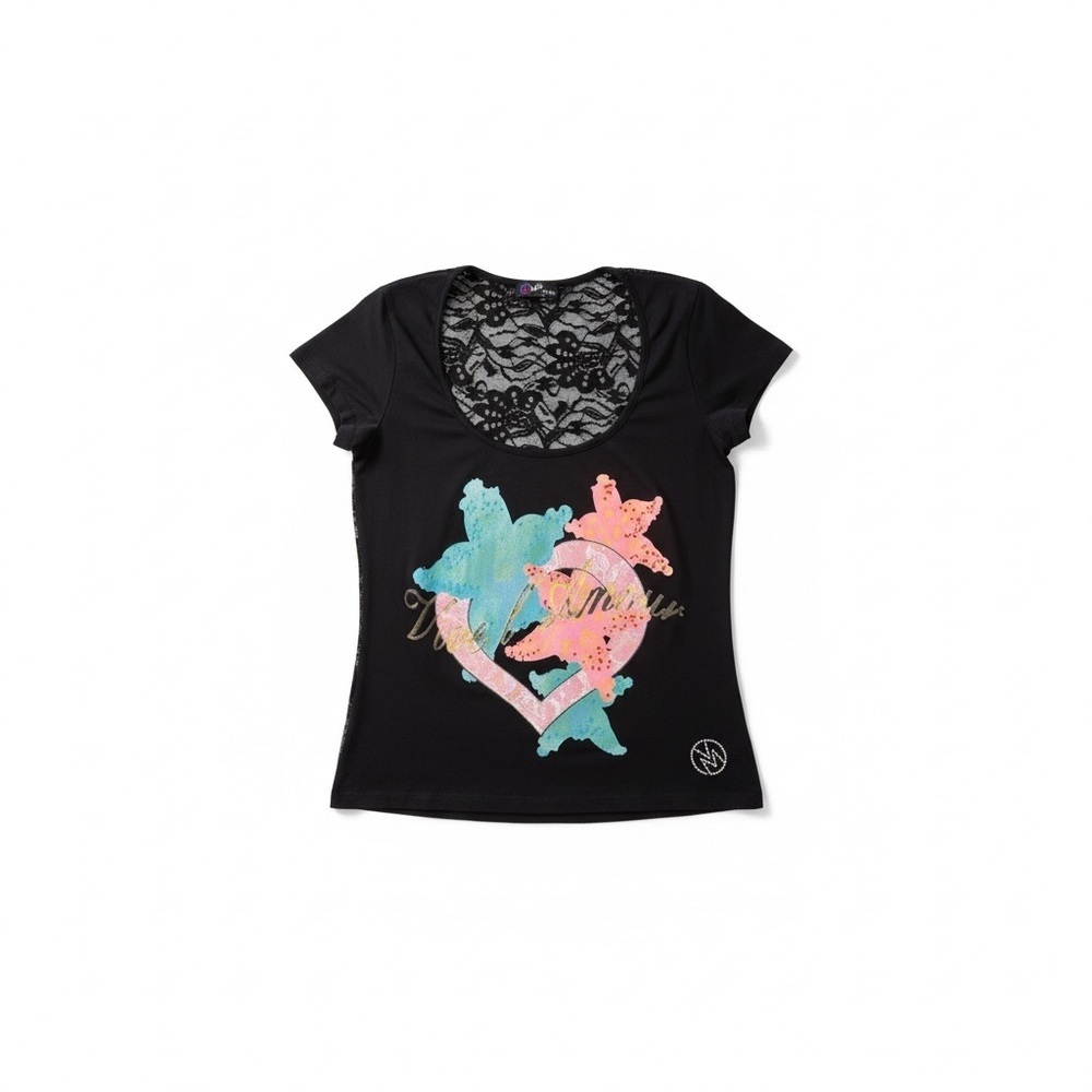 Y2K Made in Italy Black Graphic Tee with Lace Detail |S